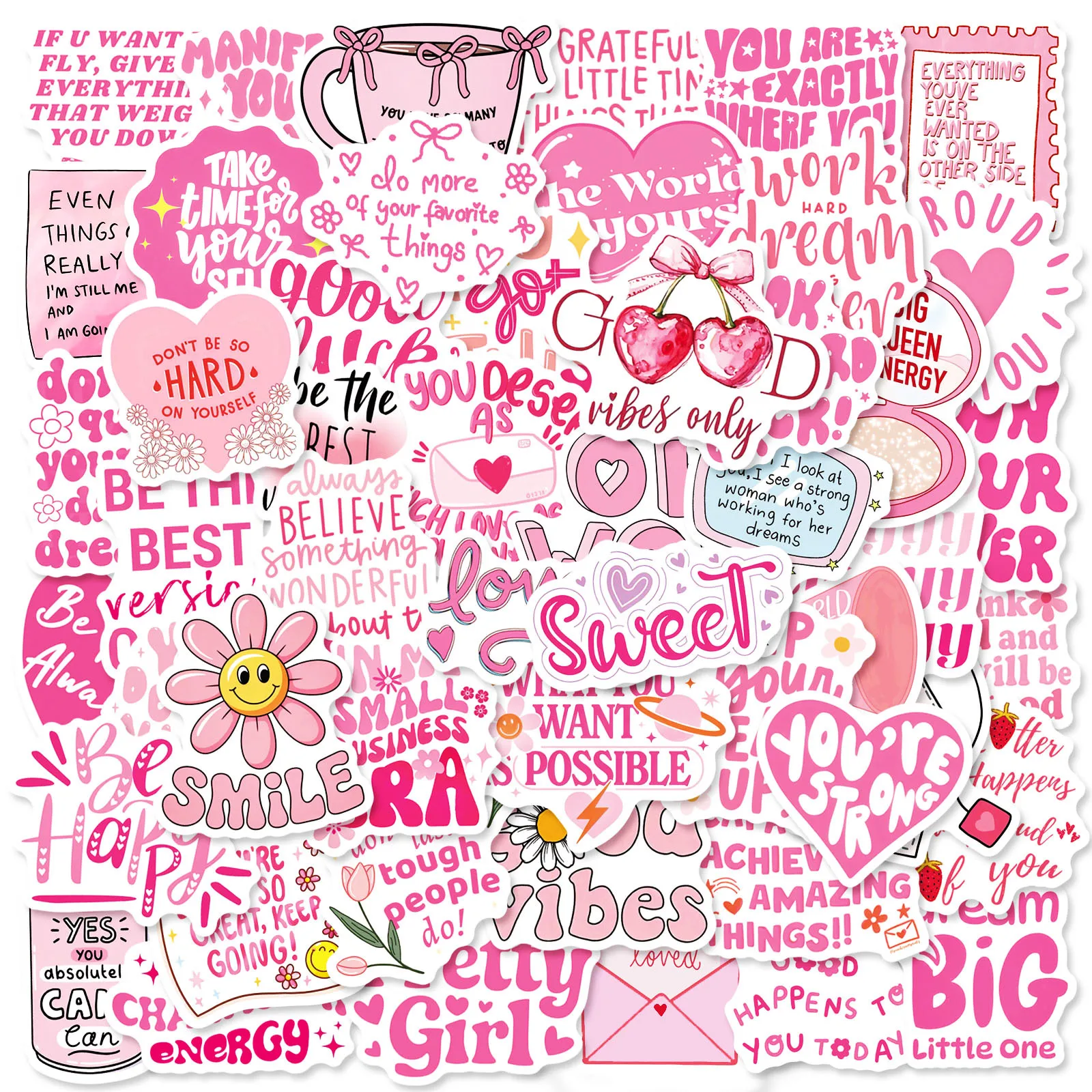 

50Pcs Pink Inspirational Quote Cartoon Stickers Motivational Phrase Decals Toys Graffiti Notebook Laptop Phone DIY Sticker
