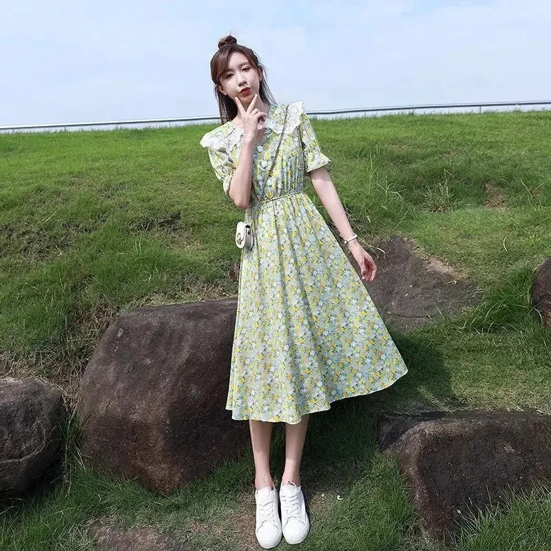 Summer Vintage Floral Dress Women Korean Elegant Sweet Cute Print Midi Dresses doll collar Lace French Holiday Cottagecore Dress