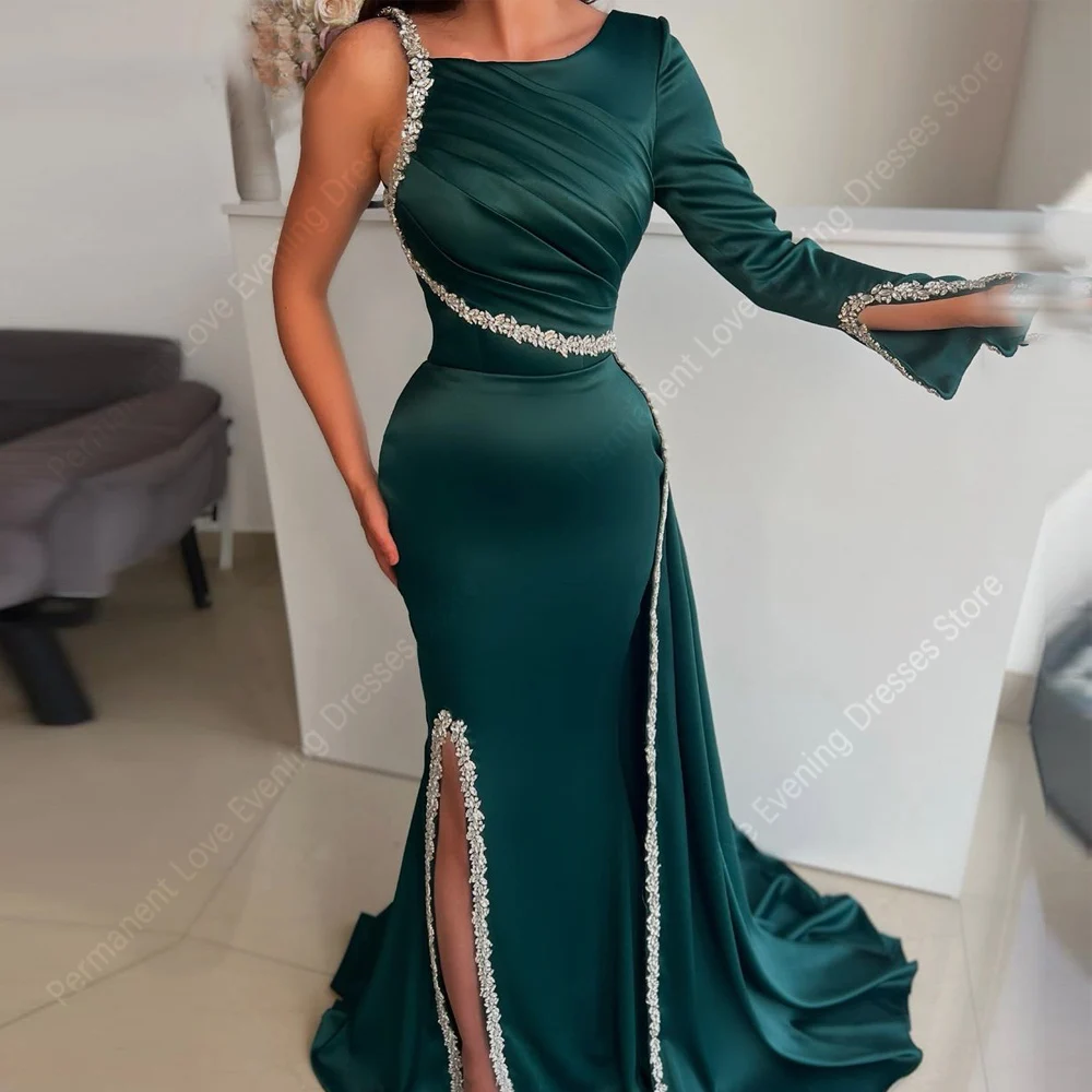 

Single Shoulder Long Sleeve Mermaid Women Evening Dresses Sexy Forking Prom Gowns Mopping Length Vestidos De Noches Customized