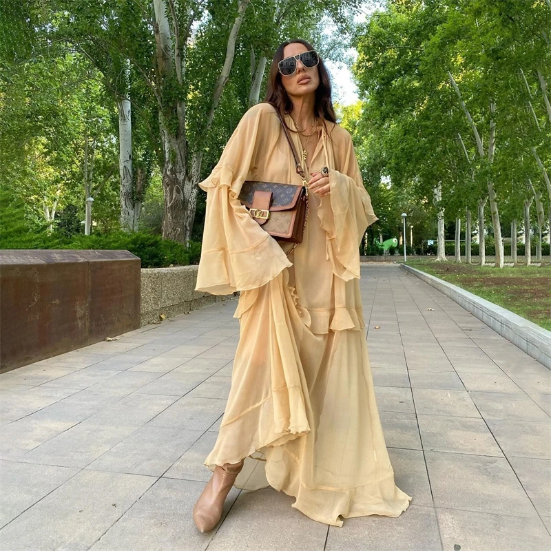 

Chiffon Ruffled Long Dress For Women Flared Sleeves Long Sleeve V-Neck High Waist Dress Female Summer Casual Loose Dress