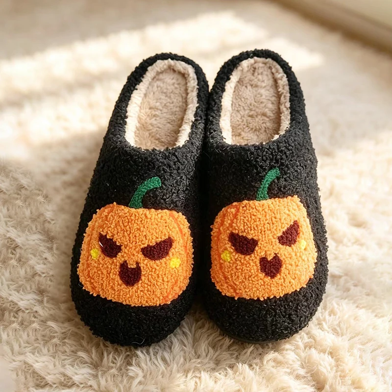 Halloween Pumpkin Fluffy Slippers Women Spooky Indoor Cozy Winter Slides Footwear Party Holiday Shoes Unisex Lightweight Silent