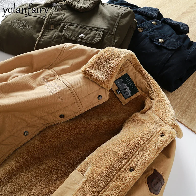 Winter Coat Mens Jacket Plush Thick Denim Men Casual Multi-pocket Clothes Male Autumn Lamb Cashmere Cotton