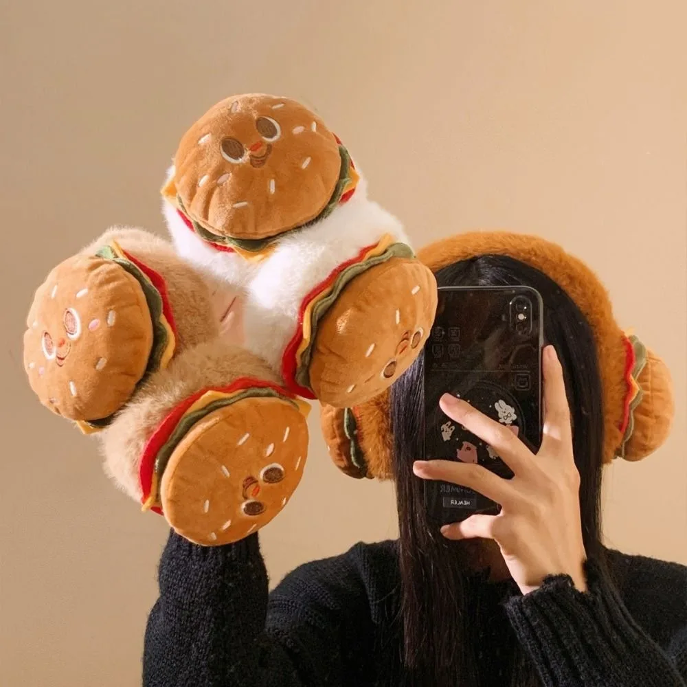 protetores-de-orelha-em-forma-de-hamburguer-de-desenho-animado-macios-de-pelo-sintetico-forrados-com-espessura-termica-para-mulheres-e-meninas