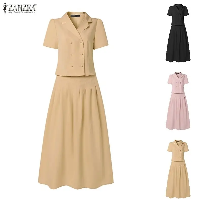 2026 ZANZEA Sommer-Outfits 2-teilige Sets Reverskragen Kurzarm-Hemdkleid-Sets Elegante Damen OL Arbeitskleidung Plissierter Midi-Rock Anzug