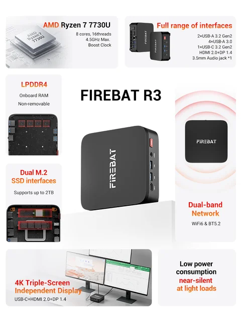 Firebat R3 Mini Pc Amd Ryzen7 7730U Ryzen5 7430U Ryzen3 4300U Lpddr4 16Gb Ram M.2 Sata 512Gb Ssd Wifi6 Bt5.2 1000m Lan Windows11 Portable Desktop Computer 2 Firebat R3 Mini PC – AMD Ryzen 7 7730U / Ryzen 5 7430U / Ryzen 3 4300U, 16GB, 512GB SSD, WiFi 6, Windows 11 Pro – view 2