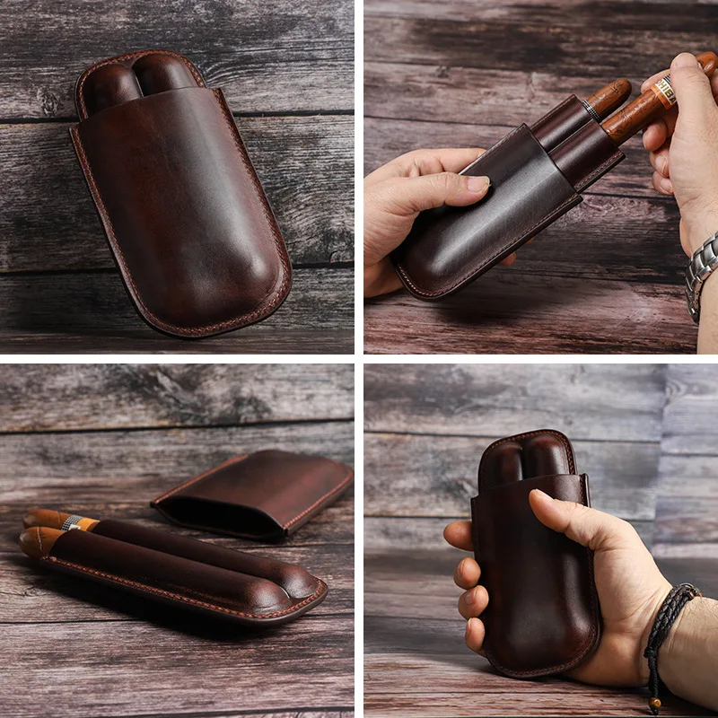 2-Slot Cigar Case Portable Travel Cigar Storage Pouch Bag Vintage Genuine Leather Cowhide Adjustable Cigar Shape Protection Case