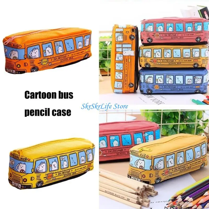 E65E Cartoon Bus Shaped Pencil Case Canvas Pen Bag Big Capacity Zippered Pen Pouches