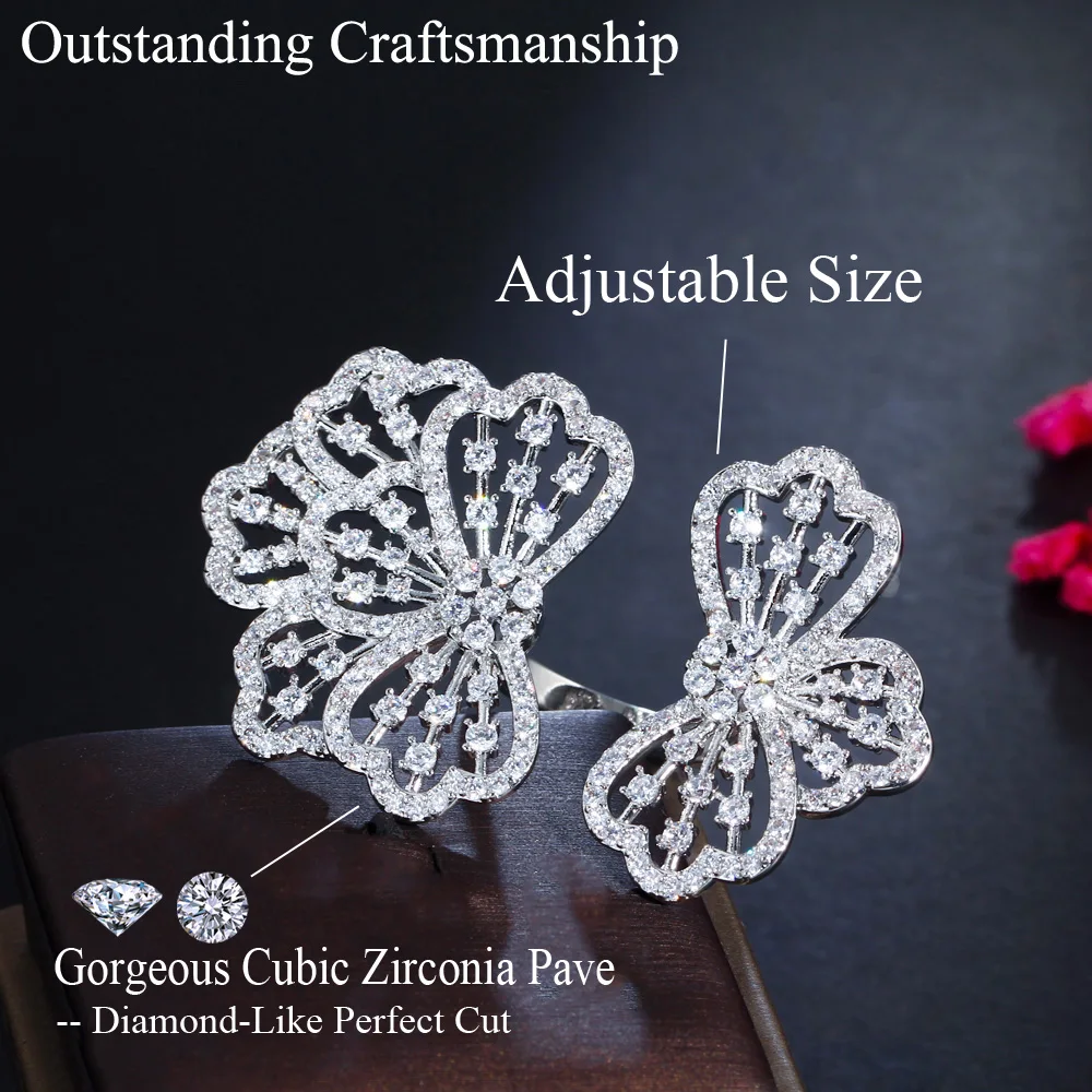 CWWZircons Sparkling CZ Zircon Statement Luxury Big Chunky Flower Rings for Women Wedding Bridal Party Jewelry Accessories R220