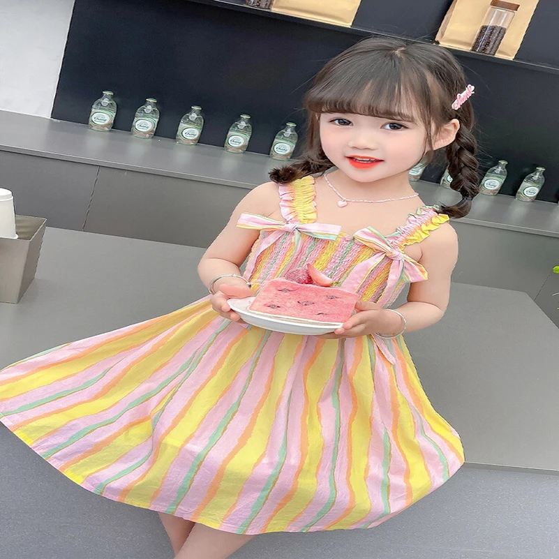 Summer 2024 Girls' Versatile/Fashionable Casual Gradient Colorful Stripe Suspended Princess Dress Dresses -1-5 Years Old