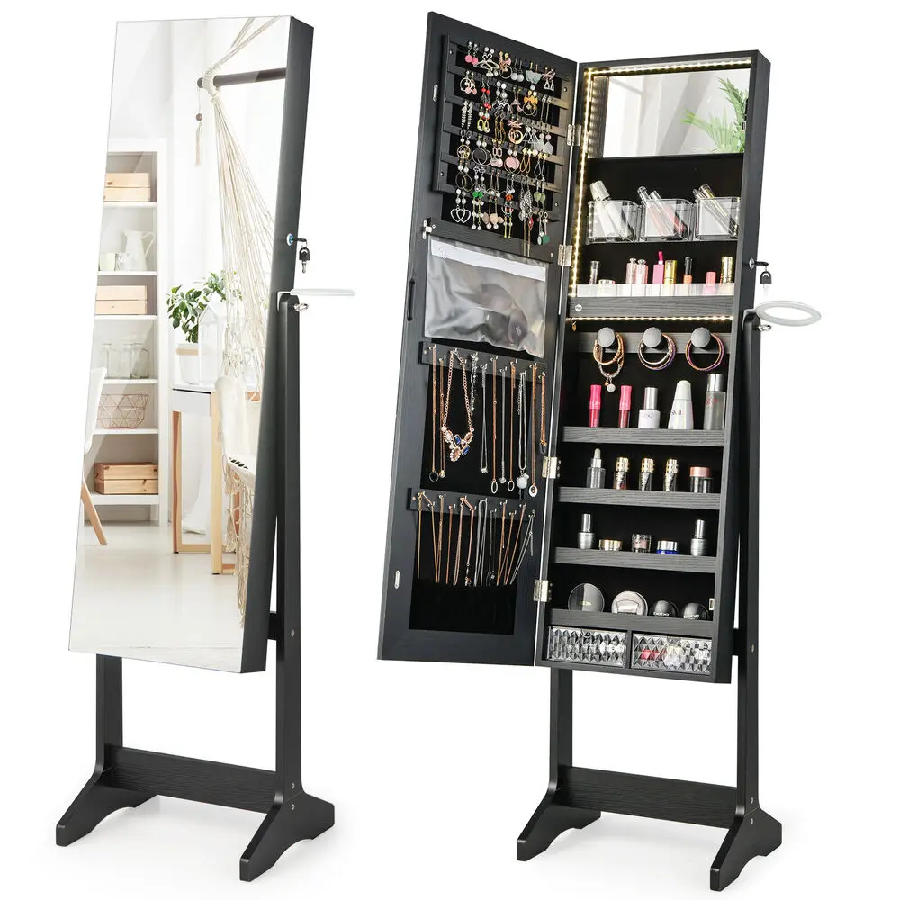 Costway Standing Jewelry Cabinet Full Length Mirror Lockable w/ 3-Color LED Lights Black