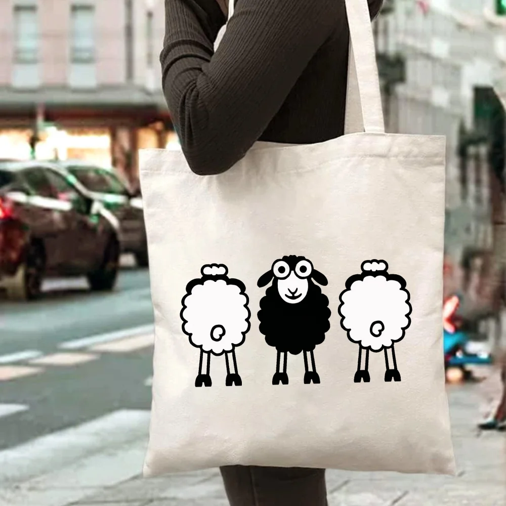 Canvas Tote Bag with Cute Sheep Design - Black and White Sheep Print Suitable for Daily Use, Shopping, Travel, and School - Durable Cotton Eco-Friendly Handbag Suitable for Both Men and Women - Stylish and Practical Shoulder Bag for Casual Outfits