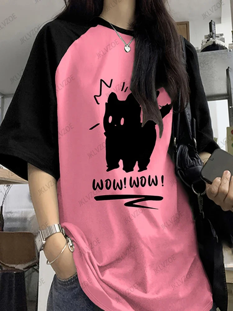 Cute Black Cat WOW WOW Graphic Raglan T Shirt, Unisex Short Sleeve Tee, Cartoon Animal Print Casual Top