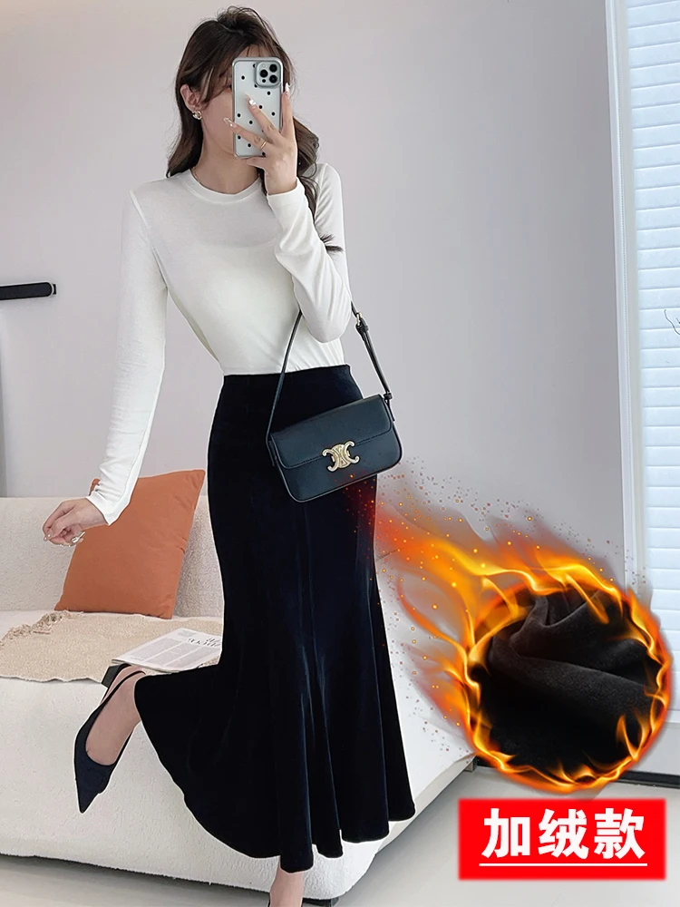 TIYIHAILEY - Damska spódnica welurowa z aksamitu, długa do połowy łydki, elastyczna talia, szyta na miarę XS-10XL, nowa, zimowa jesień, czarna, z polarową podszewką