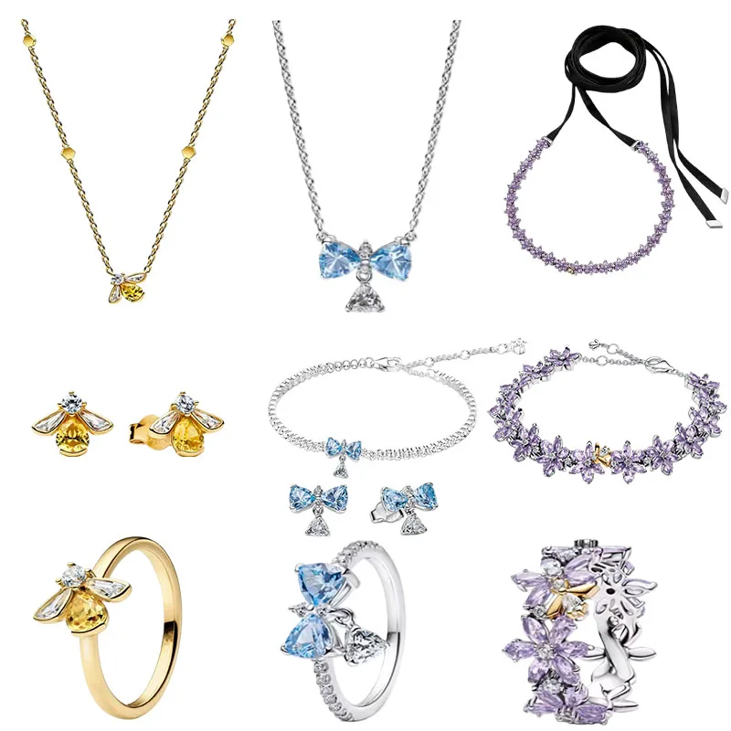 S925 Silber Lila Eisblüten-Volldiamant-Bienen-Schleifen-Set: Verstellbares Armband, Ring, Halskette und modische Trend-Ohrringe