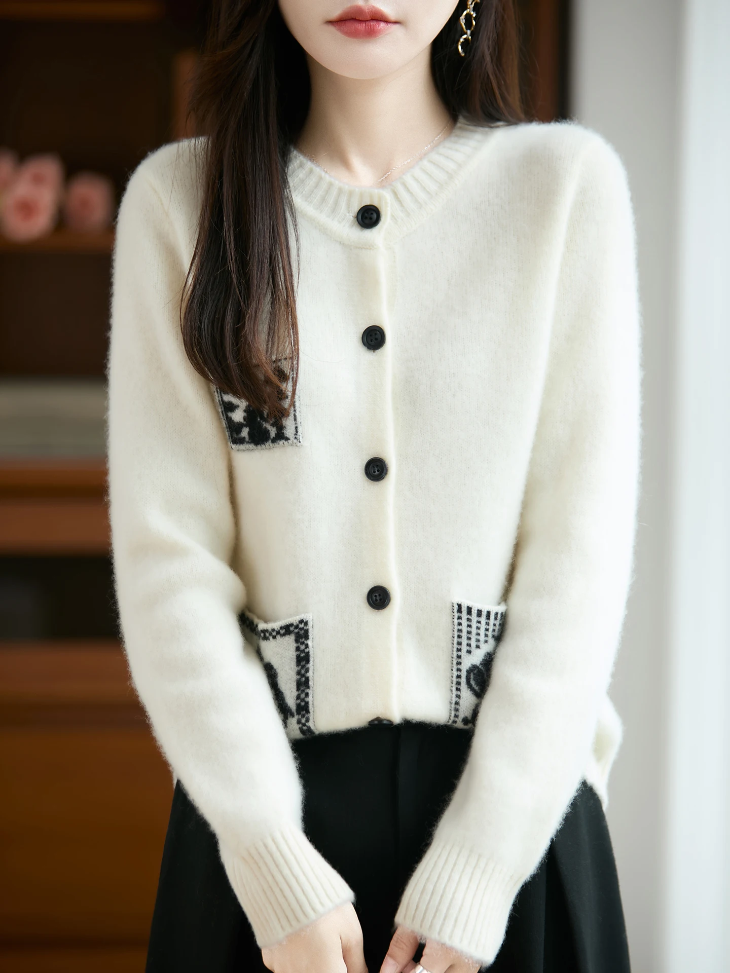 

Женский толстый кардиган из 100% мериносовой шерсти, однобортный однобортный осенне-зимний мягкий костюм с круглым вырезом, удобный топ