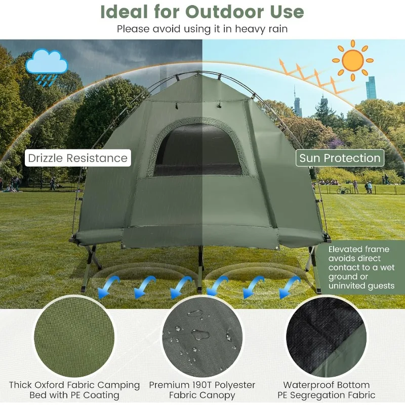سرير خيمة تخييم Goplus، سرير تخييم قابل للطي 5 في 1 مع مرتبة هوائية، وسادة، كيس نوم، مأوى خيمة مرتفعة مقاومة للماء