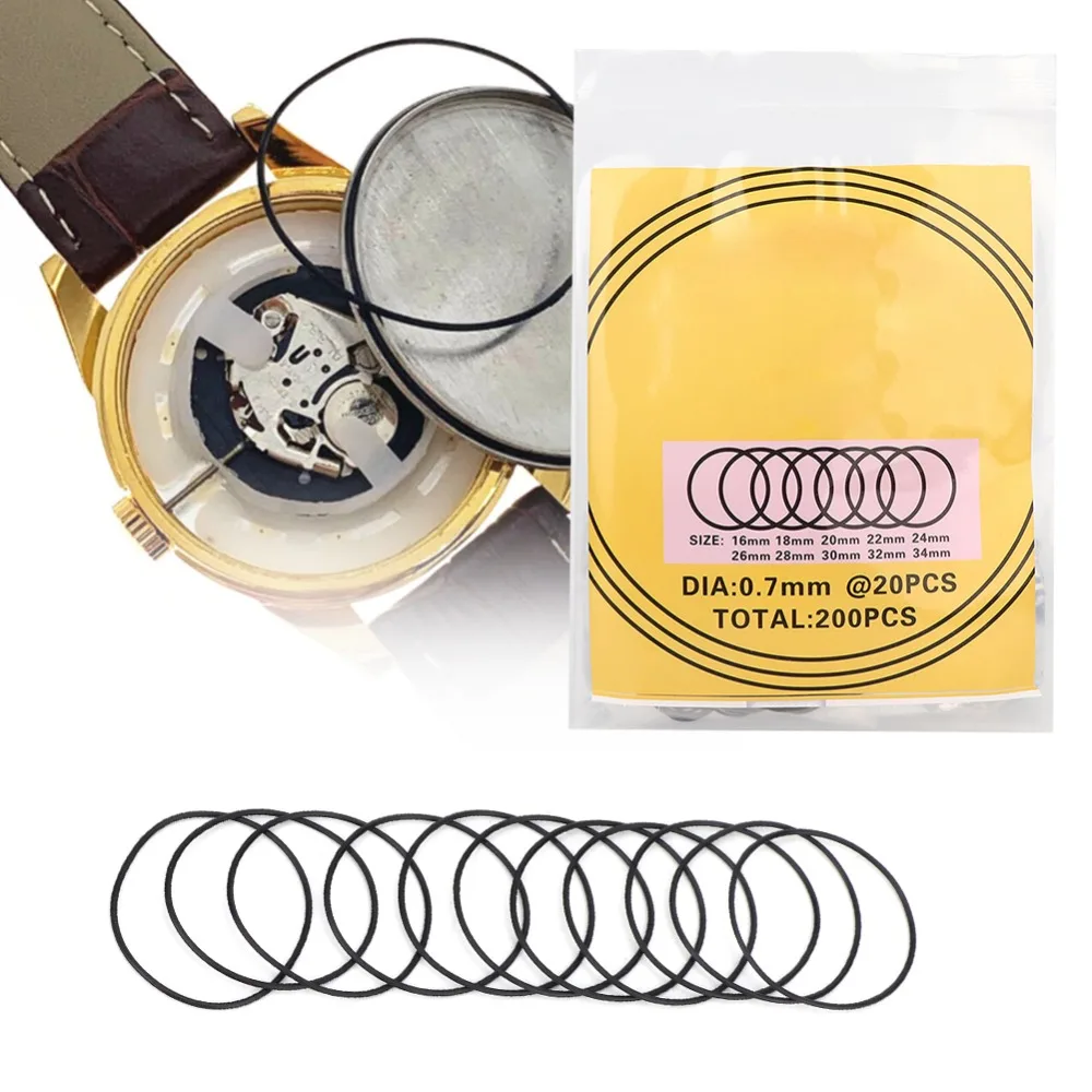 200pcs Durable Rubber Material O Ring 0.7mm Thickness Black Color Waterproof Seal Watch Back Cover Seal Maintenance Tool