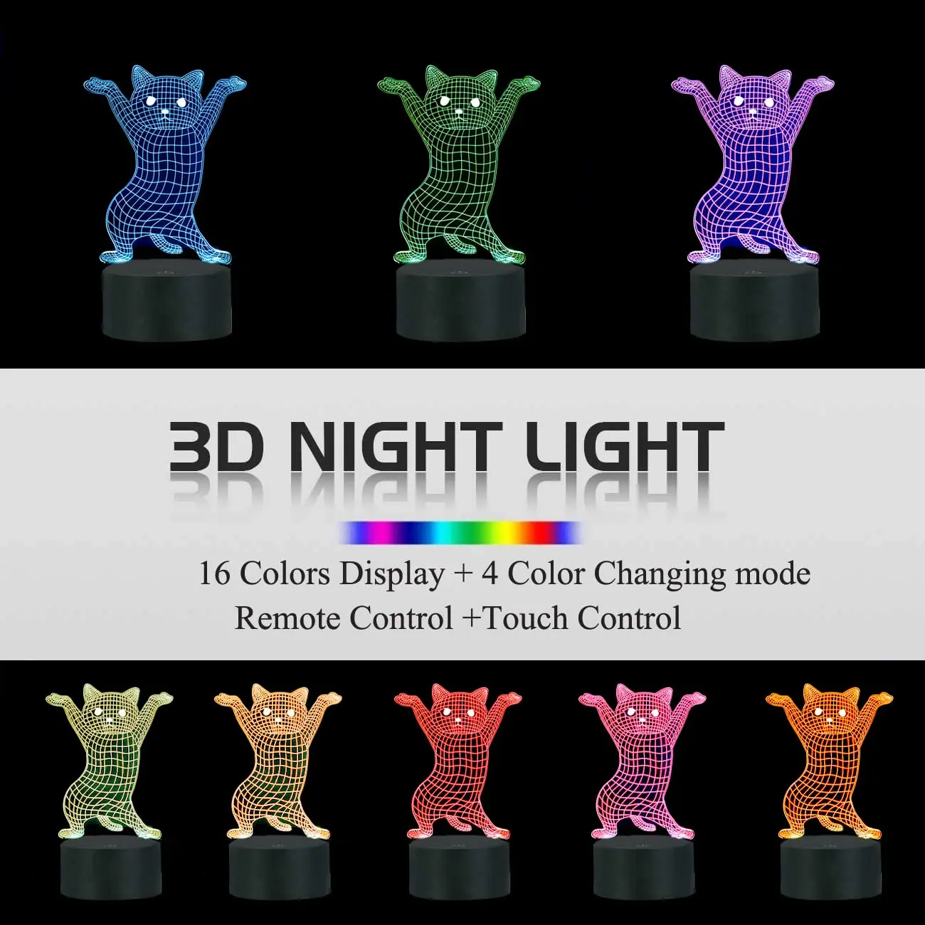 Dance Cat 3D Illusion Cute Night Light Lamp 16 Colors Changing Kitty Table Lamps with Smart Touch Home Decor Cute Birthday Gifts