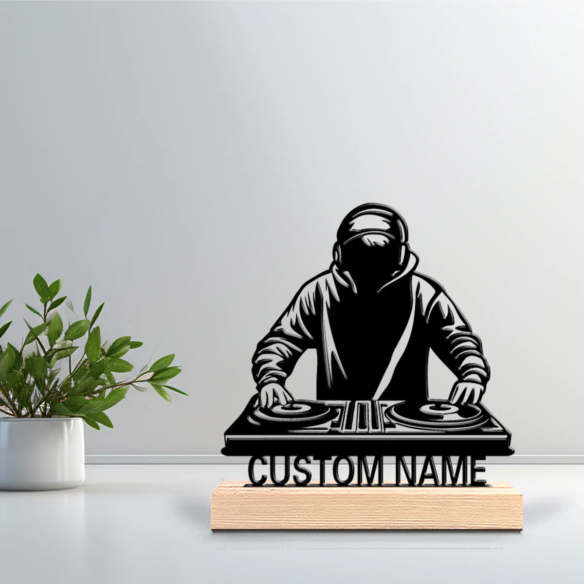 1pc Simple DJ Custom Text Tin Statue Metal Ornament Art Crafts With Wood Base Tin Statue Study Desktop Decoration