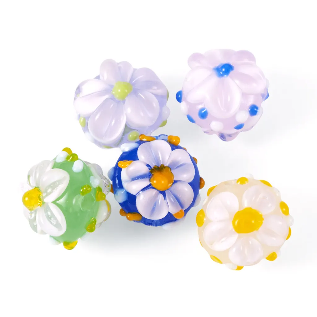 

5Pcs 5 Colors Handmade Lampwork Enamel Beads, Hand Drawn Beads, Bumpy Round with Flower, Mixed Color, for Jewelry Making
