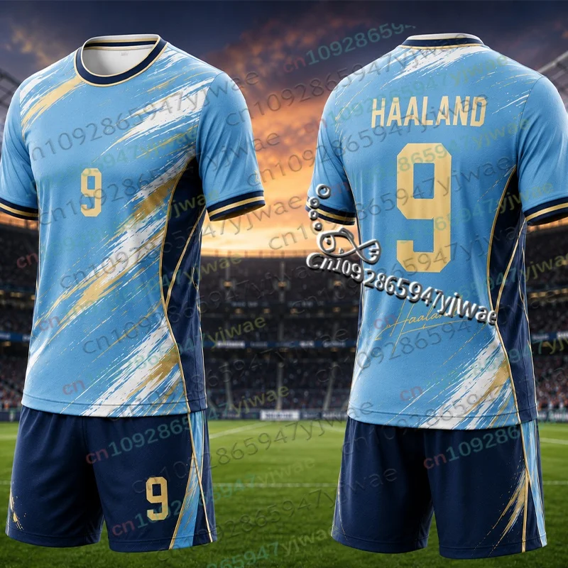 Sonderedition Haaland Nr. 9 Fußballtrikot-Set, Modisches Fan-Shirt und Shorts, Herbst Erwachsenen/Kinder 2-Teiliges Trainingsanzug-Set – Detail 4