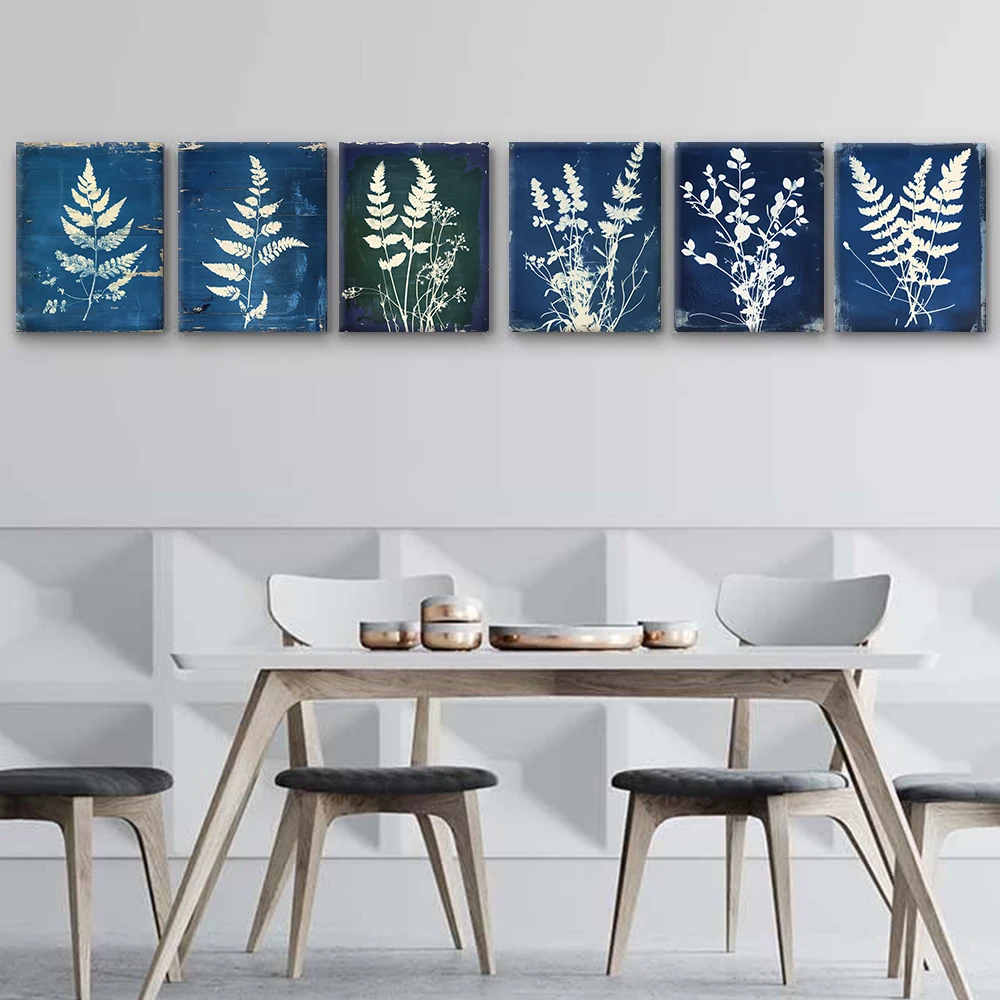 Blue White Botanical Flowers Wall Art Canvas Painting Grass Fern Posters And Prints Natural Pictures For Living Room Home Decor