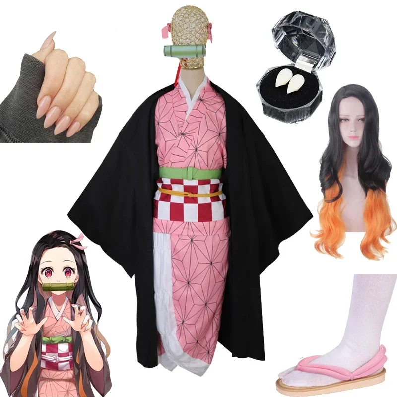 Anime Kimetsu no Yaiba Cosplay Costume Kamado Nezuko Japanese Kimono Woman Wig Halloween Costume Anime things Nail Art Dentures