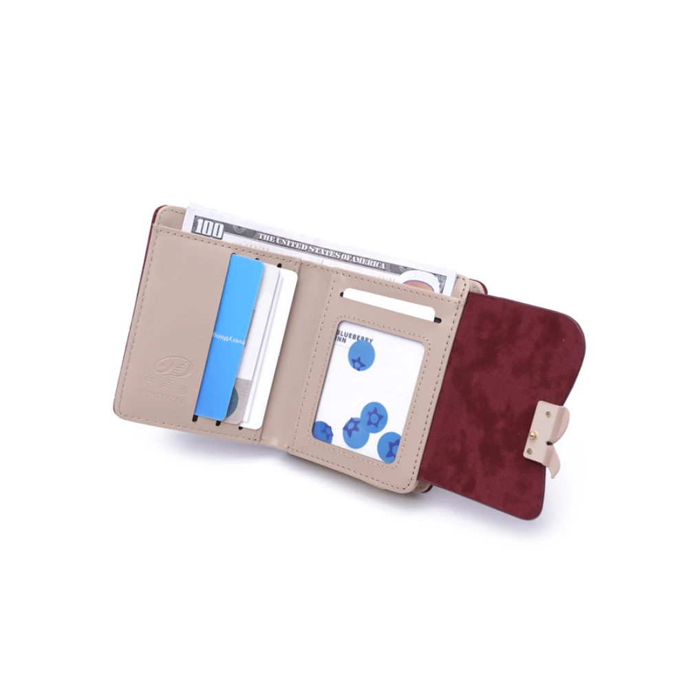 Soft PU Leather Short Wallet Women Chic Compact Wallet with Leaf Buckle Zipper Foldable Multi-Function Coin Purse