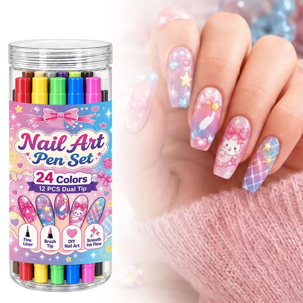 12 PCS Dual Tip 24Colors Nail Painting Pen Set Fine Liner Brush Tip DIY Nail Art Pen Set Quick Dry Portable Nail Art Tools