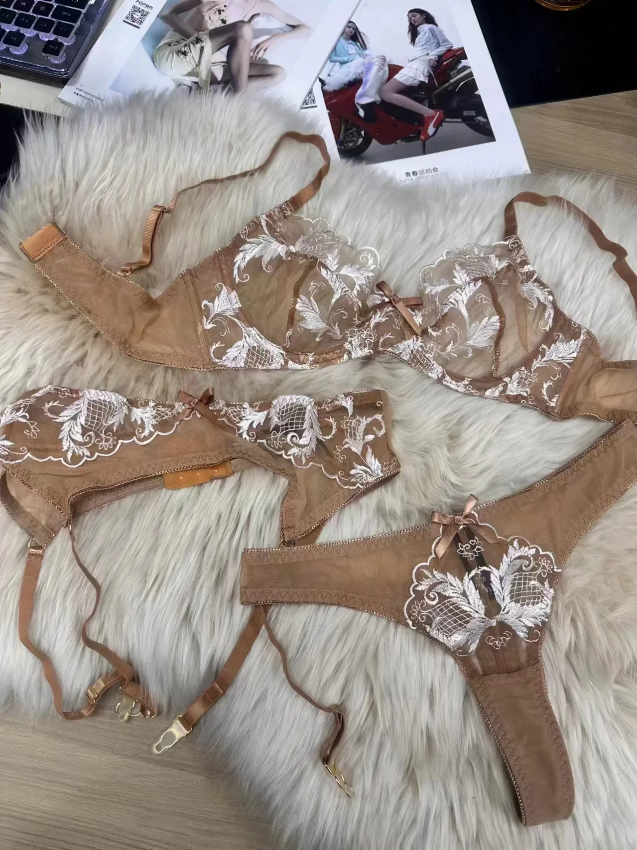 Sexy erotic lace lingerie women embroidery transparent mesh bra garter set of three steel ring bras underwear set image 6