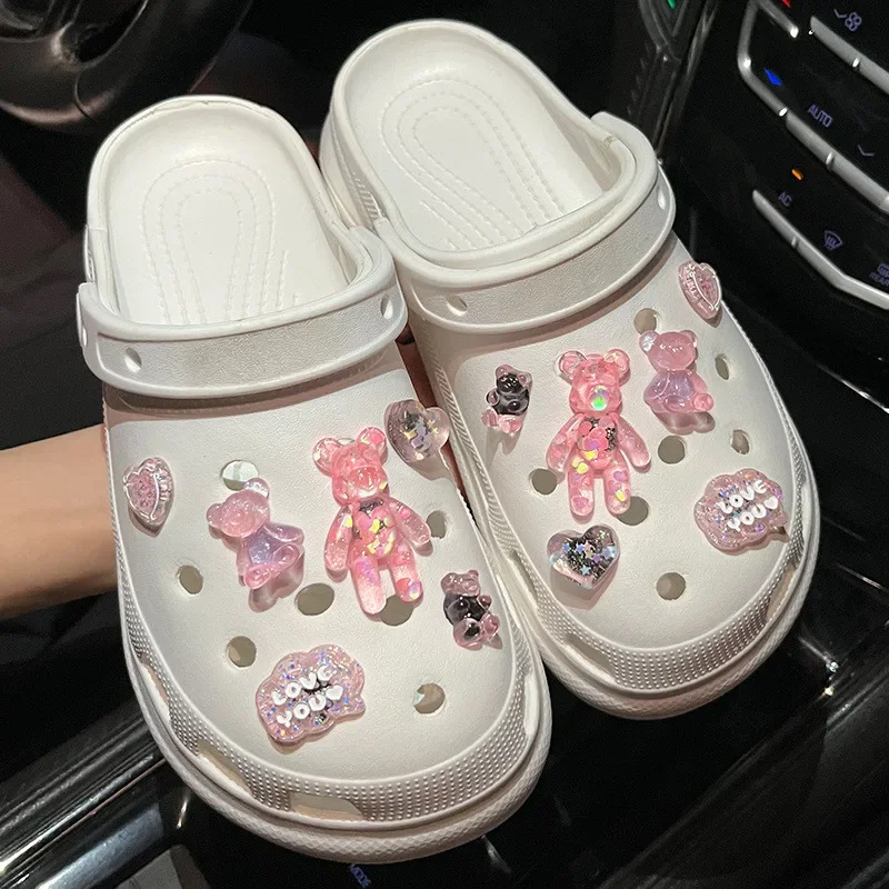 12pcs/set Glitter Love Bear Novelty Cute Hole Shoes Charms PVC Shoe Decorations Sneakers Slippers Accessories Kid Girl Gift New