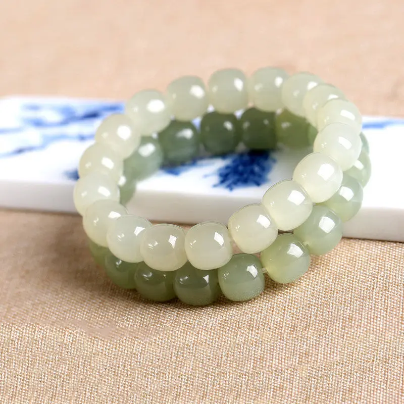 Hetian Jade from Mountain for Men and Women Qinghai Material Couple Old-Styled Bead Bluish-White Bracelet