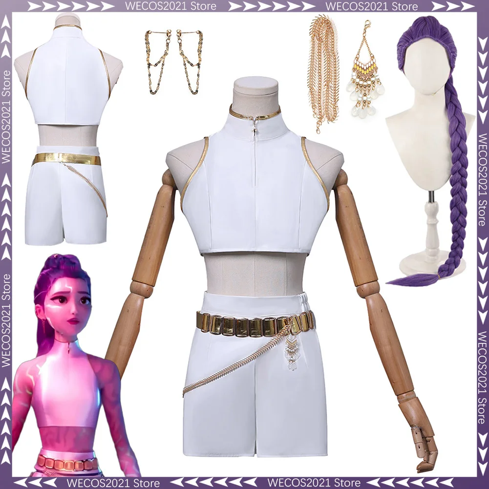 

2025 Cartoon Costume Demon Hunter of KPop Rumi Cosplay Fantasy White Stage Costumes Disguise Adult Women Roleplay Party Outfits