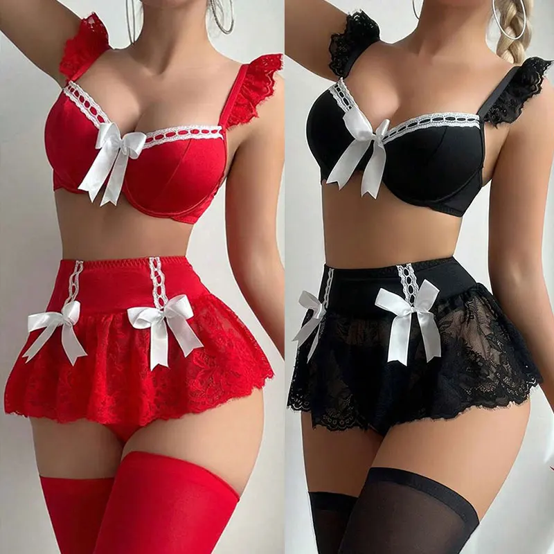 Romantic Ladies Bow Bra Sheer Lace Mini Skirt Teen Sissy Bra Set Black Fancy Lingerie Ultra Breves Sets  
