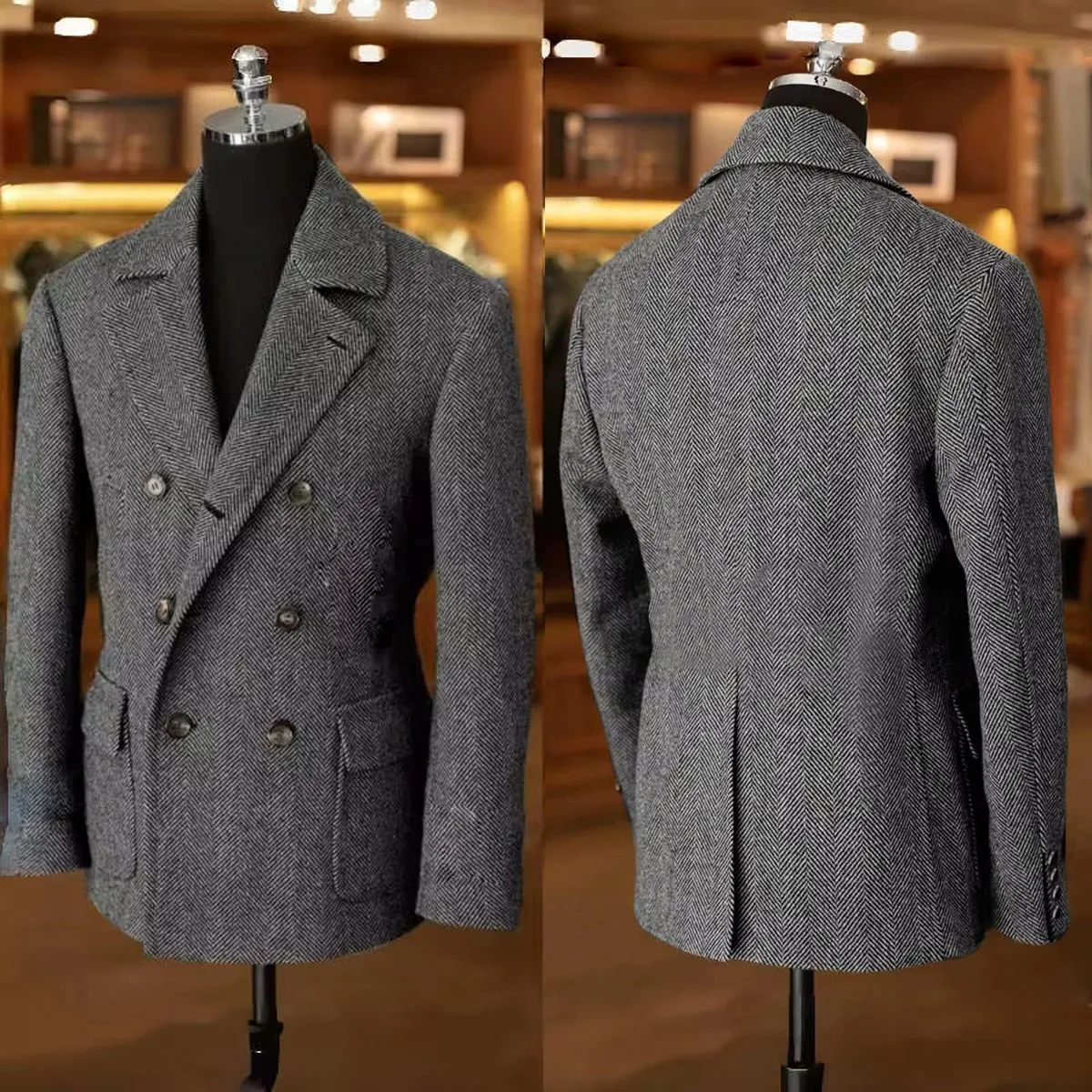 British Men's Blazers Vintage Herringbone Tweed Formal Jacket Wool Blend Double Breasted Casual With Straps Sport Suit Coat