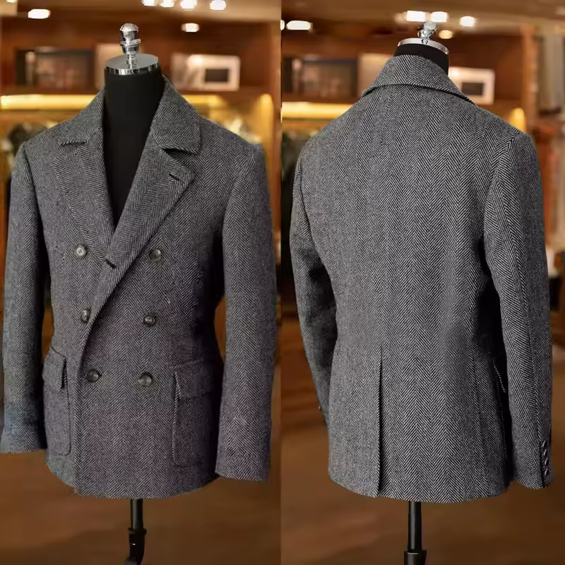 British Men's Blazers Vintage Herringbone Tweed Formal Jacket Wool Blend Double Breasted Casual Autumn Winter Suit Coat - Image 2