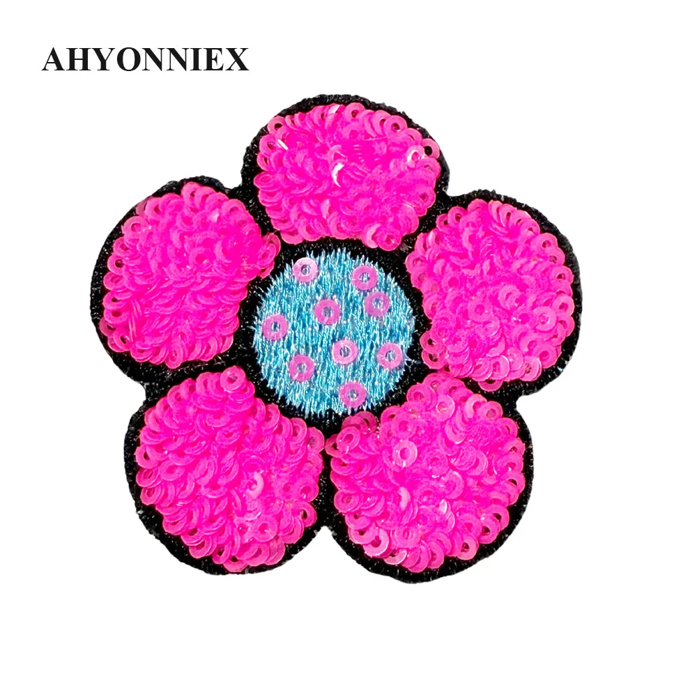 5 stks/partij 6 CM * 6 CM Shining Roze Groen Geel Blauw Oranje Pailletten Bloem Parch Voor Kostuum Jurk jas Ijzer Op Patch voor Kleding