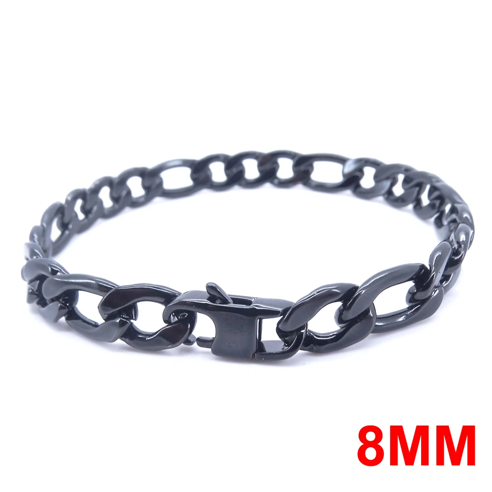 New Trendy Figaro Chain Men Bnagle Classic Stainless Steel 8MM Width Shine Black Bracelets for Women Jewelry Gift