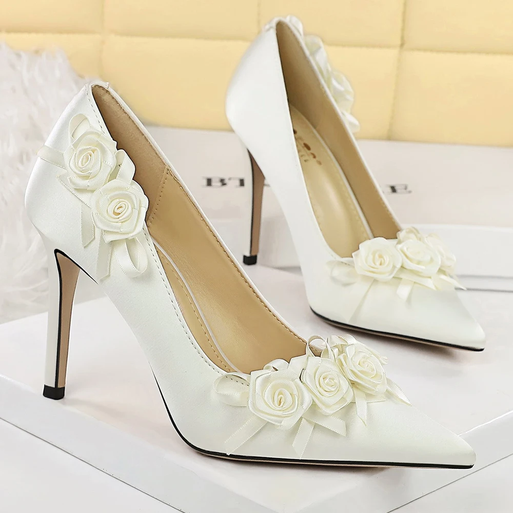 BIGTREE Shoes Lace Flower Women Pumps Silks Satins High Heels Stilettos 10 CM Fashion Wedding Shoes Female Pumps Party Shoes