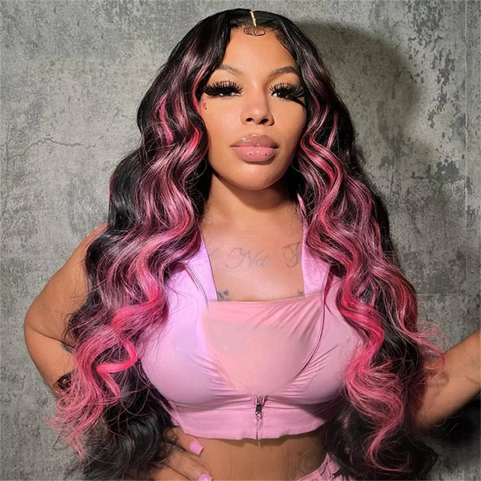 

13X4 Transparent Lace Frontal Wig Highlight 1B Pink Body Wave Hair Wig Brazilian Human Hair Pre Plucked For Women 180 Density