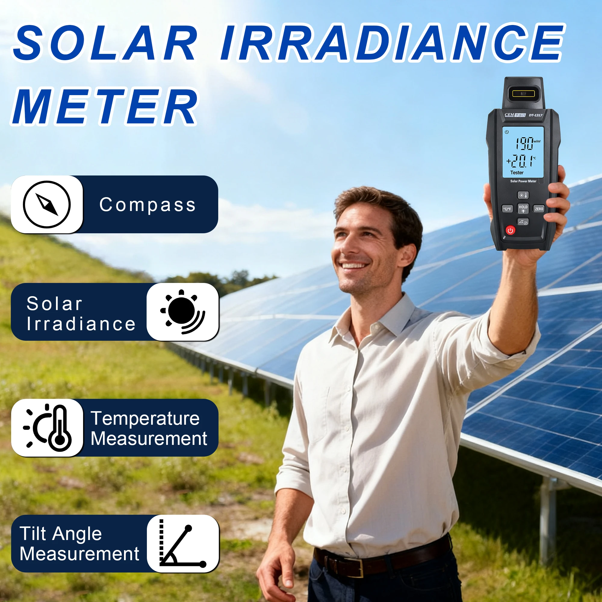 CEM DT-1317 Solar Irradiance Meter,High Accuracy Solar Energy Tools,Solar Tool, High Contrast LCD Solar Power Generation Meter.