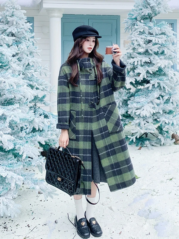 เสื้อโค้ทขนสัตว์ลายสก็อตสำหรับผู้หญิง ความยาวปานกลาง ผ้าขนสัตว์สองด้าน สำหรับฤดูใบไม้ร่วงและฤดูหนาว สไตล์เกาหลี รุ่นใหม่ เหมาะสำหรับใส่ไปทำงาน
