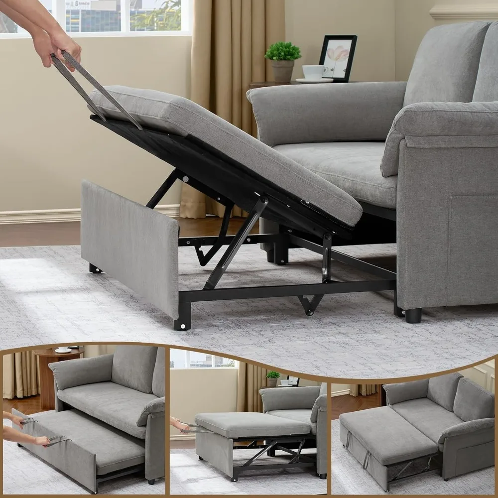 Convertible Sleeper Sofa Bed 59 Inch, 3 in 1 Chenille Couch with Adjustable Backrest and Side Pockets, Compact Size for Small Sp