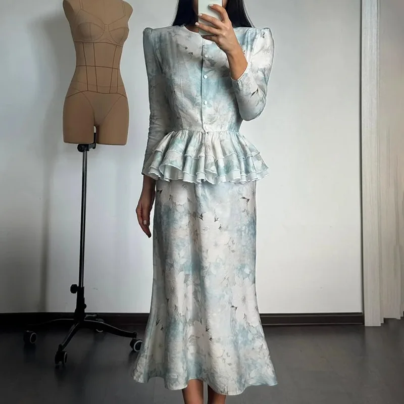 

2025 Fall Vintage Print Two Piece Set Women's Ruffle Detail Bodycon Outfit Elegant Retro Style