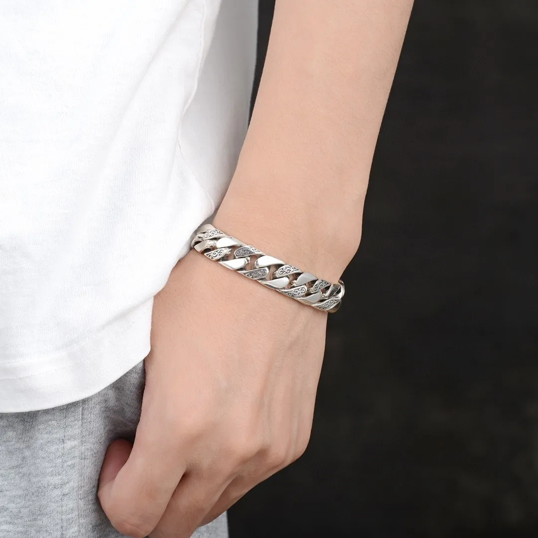 Pure silver S925 pure silver skull personalized domineering bracelet with rattan grass pattern chain body trendy fashion rough c