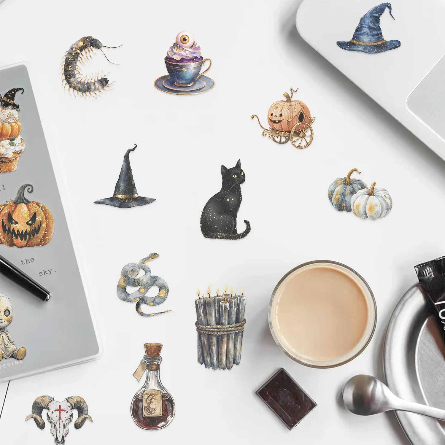 50pcs Vintage Watercolor Halloween Pumpkin Cute Ghost Transparent Graffiti Decal Stickers Waterproof Stickers for Laptop