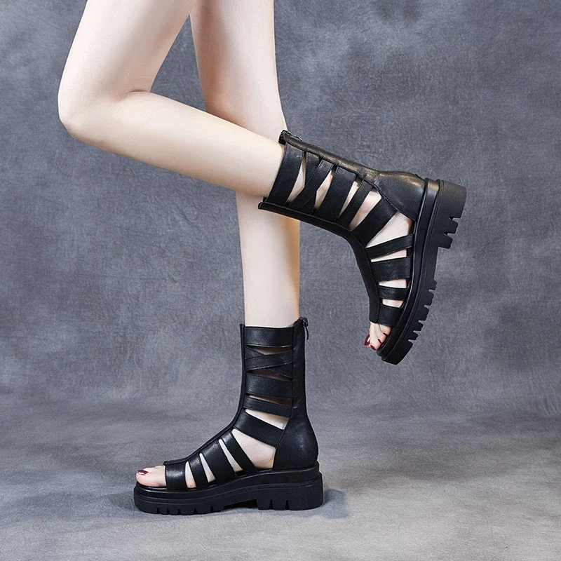 Back Zipper Retro Women Boots Cowhide Platform Gladiator Women Sandals Summer Flats Black Boots Wedge Leather Women  Shoes