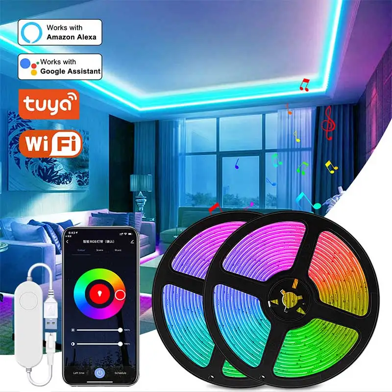 

Tuya WiFi Smart LED Strip RGB Tape DC5V 5050 Ribbon Work with Alexa Voice Control Color Change Bedroom Decoration 5m/3m/1m Light