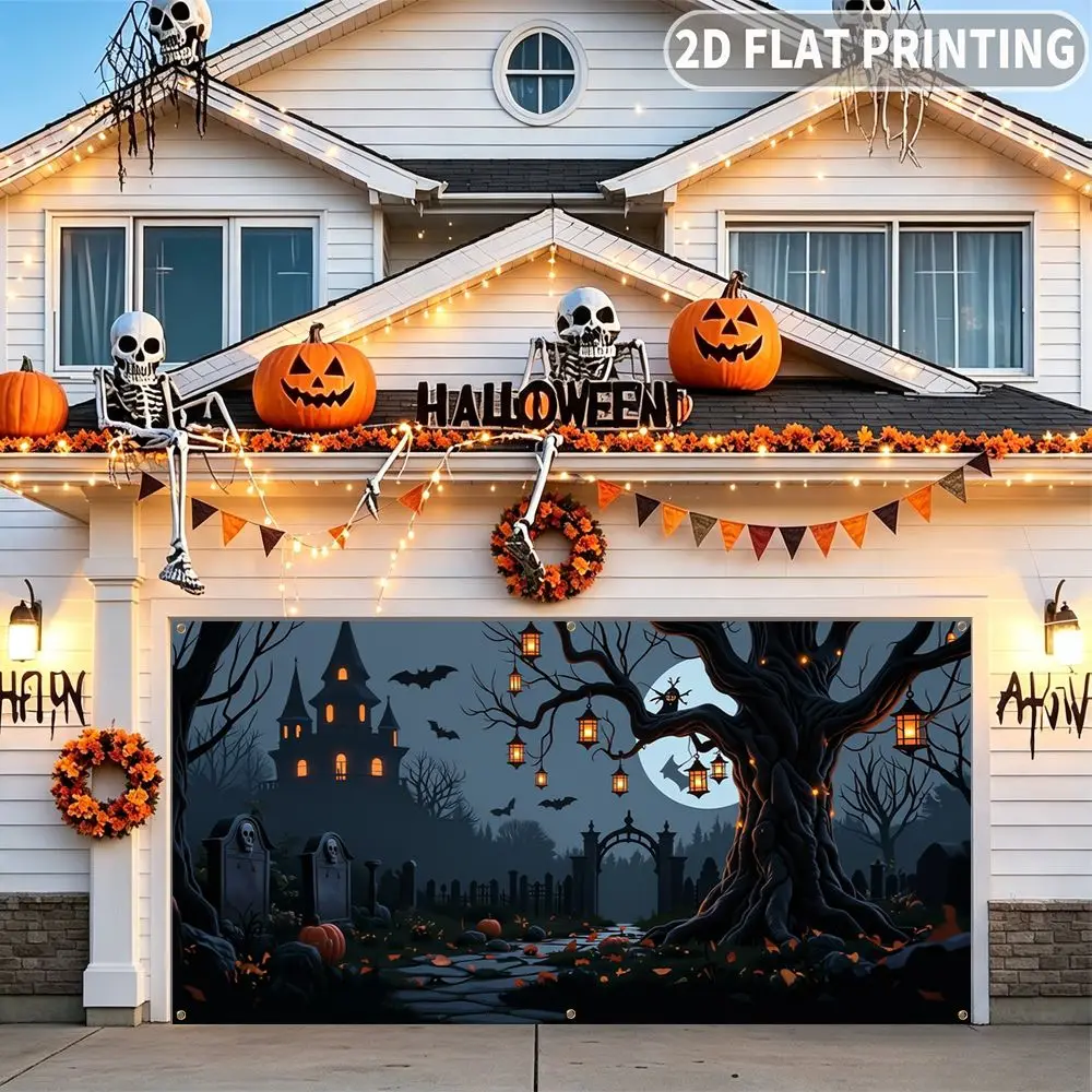 1pc 2D FLAT Halloween Party Garage Banner, Spooky Halloween Castle Graveyard Pattern, No Power Need, for Garage Door Decor