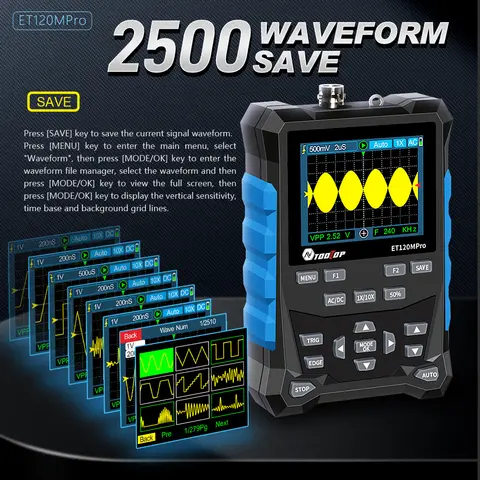 TOOLTOP ET120MPro Portable 120MHz 500MS/s Digital Oscilloscope 3MHz Signal Sources 2 in 1 Automotive Osciloscópio DIY Tools